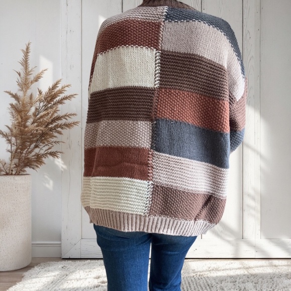 Mocha Brown Combo Checker Block Knit Cardigan Sweater - Picture 3 of 3